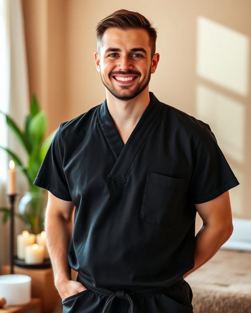 Praticien de massage bien-être souriant dans un cadre spa