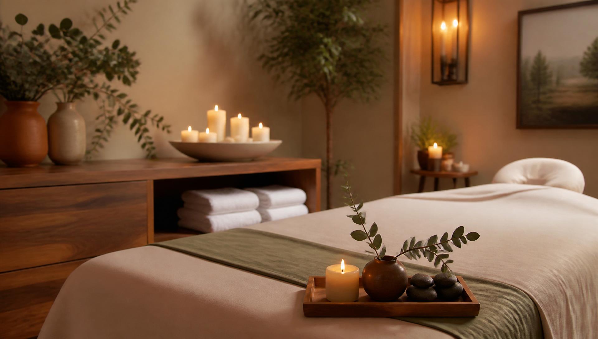 Cabine de massage chaleureuse avec bougies et draps blancs